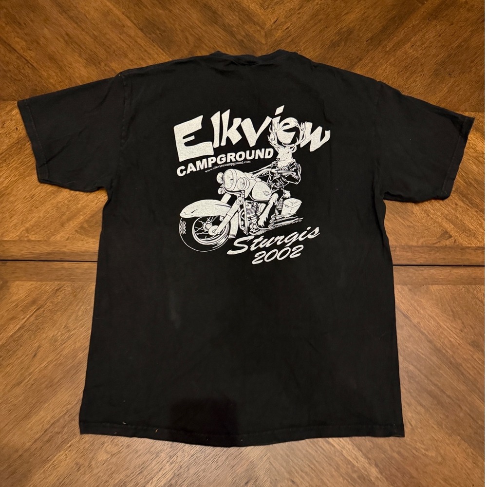Vintage 2002 Sturgis Elkview Campground T-Shirt Hanes Heavyweight Mens L Black